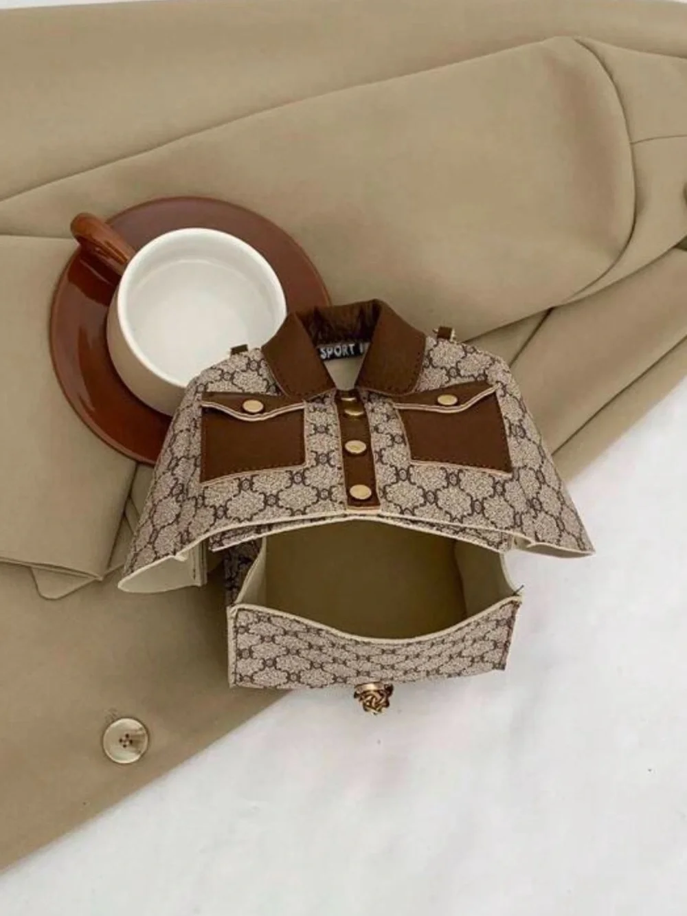 Brown Patterned Jacket-Style Crossbody Bag
